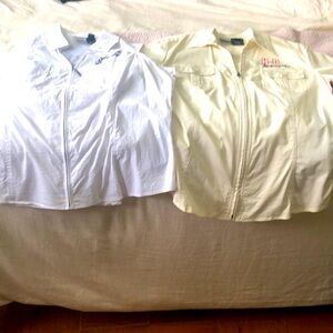 Two Harley woman’s shirts for $60 . Beige it’s size 1x and white it’s 2x .